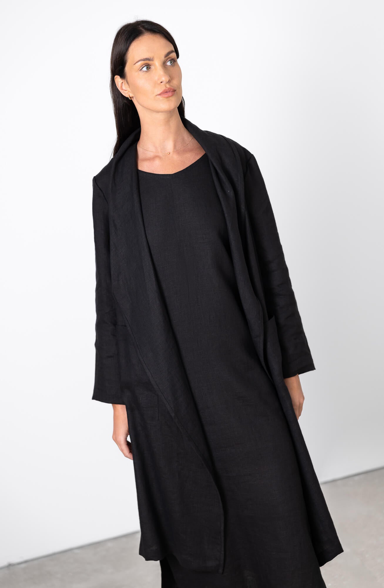 soft black linen long coat women elegant summer look