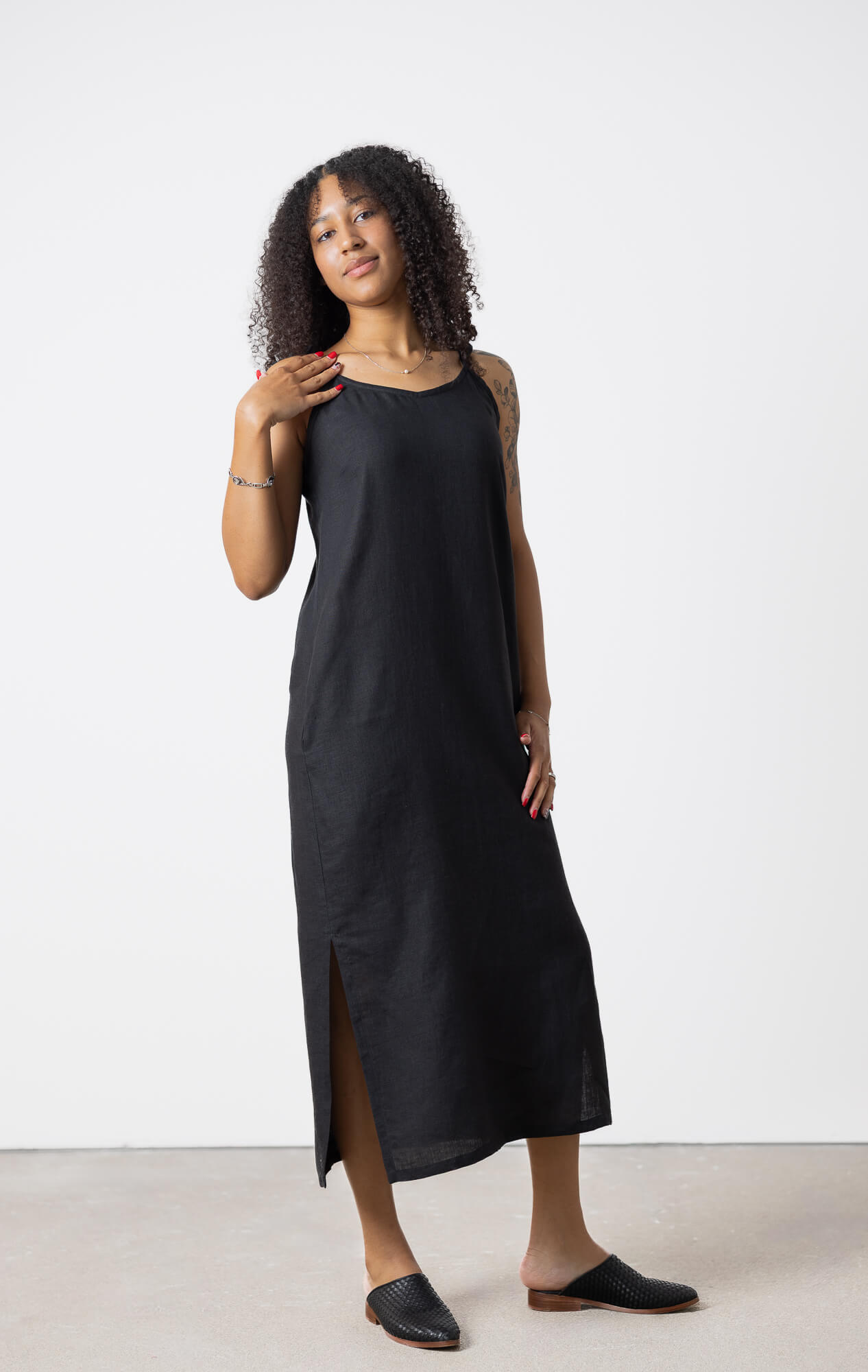 Black Linen Slip Dress Monserrat – Minimalist Chic| Buy It Now M