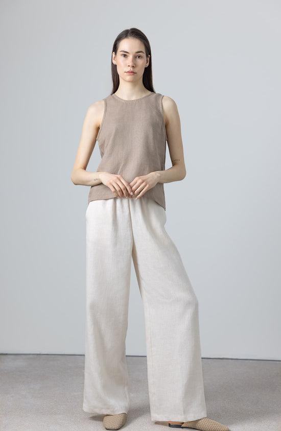 Linen tank top for women with high neckline and relaxed fit – breathable and minimalist design