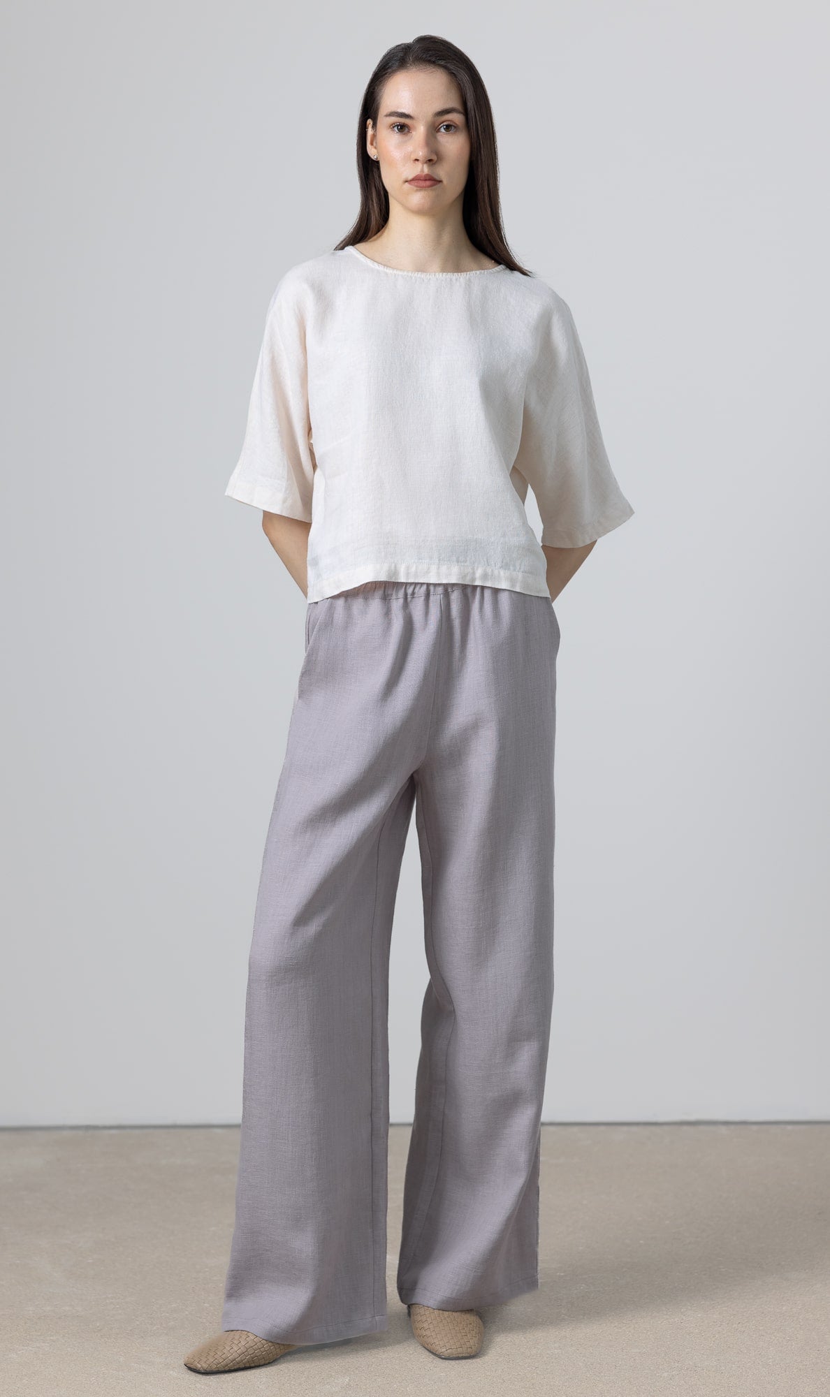 Model wearing Petite Women Linen Pants Rosaire, wide leg linen pants for women made from breathable European linen