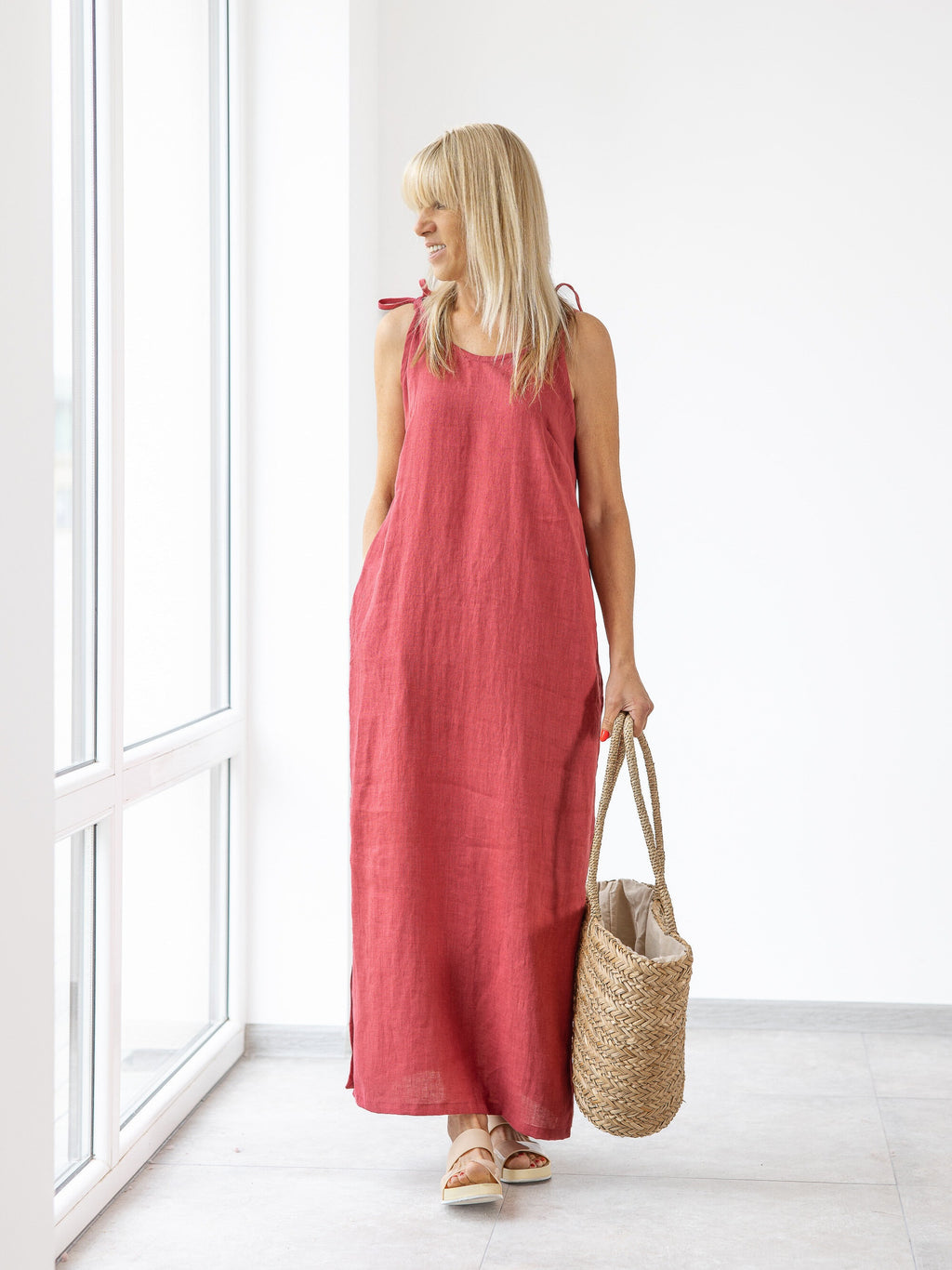 womens red linen dress The Seamed Dress in Stretch Linen