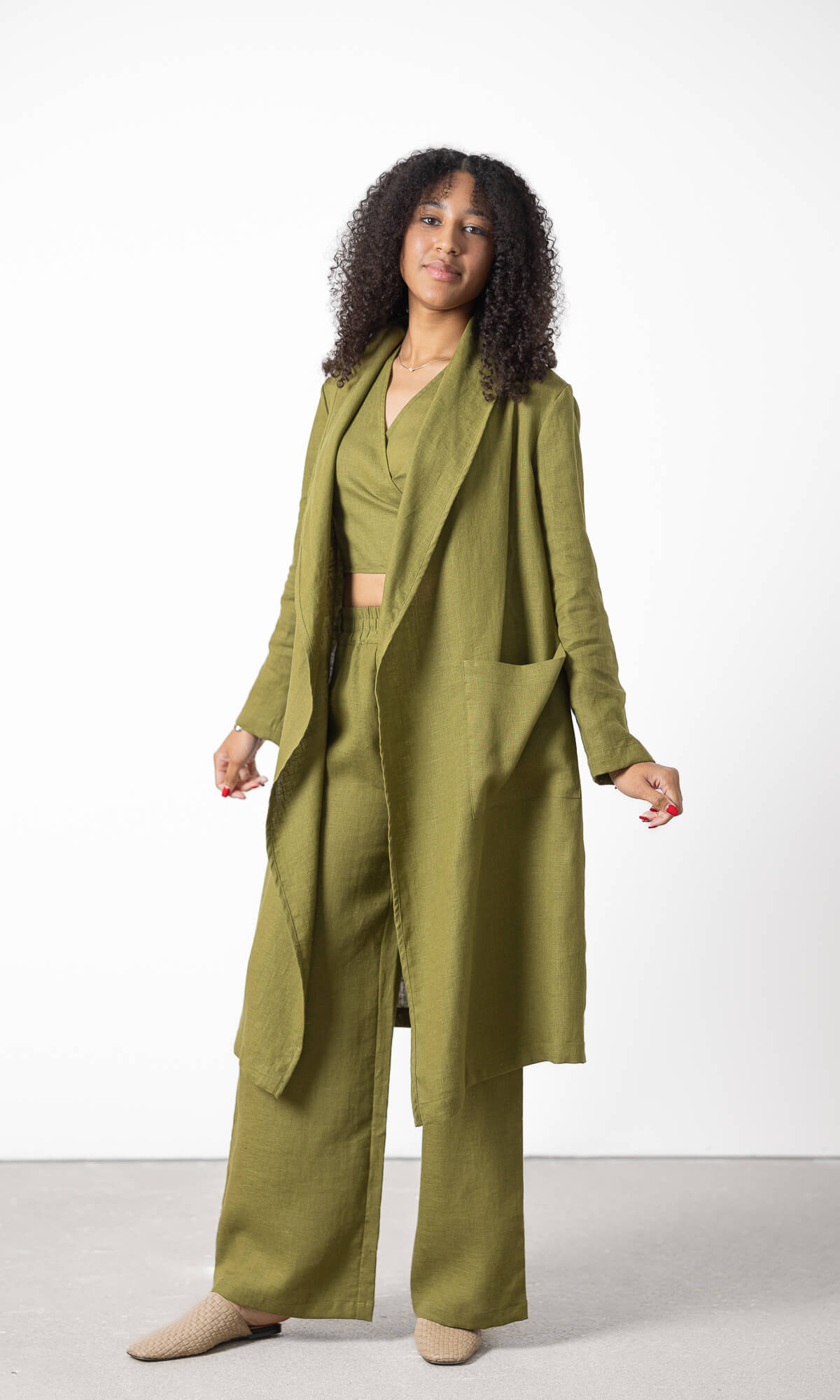 Green linen duster coat breathable summer layer