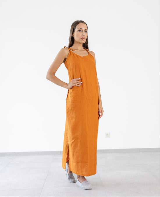 Load image into Gallery viewer, Orange long linen dress
