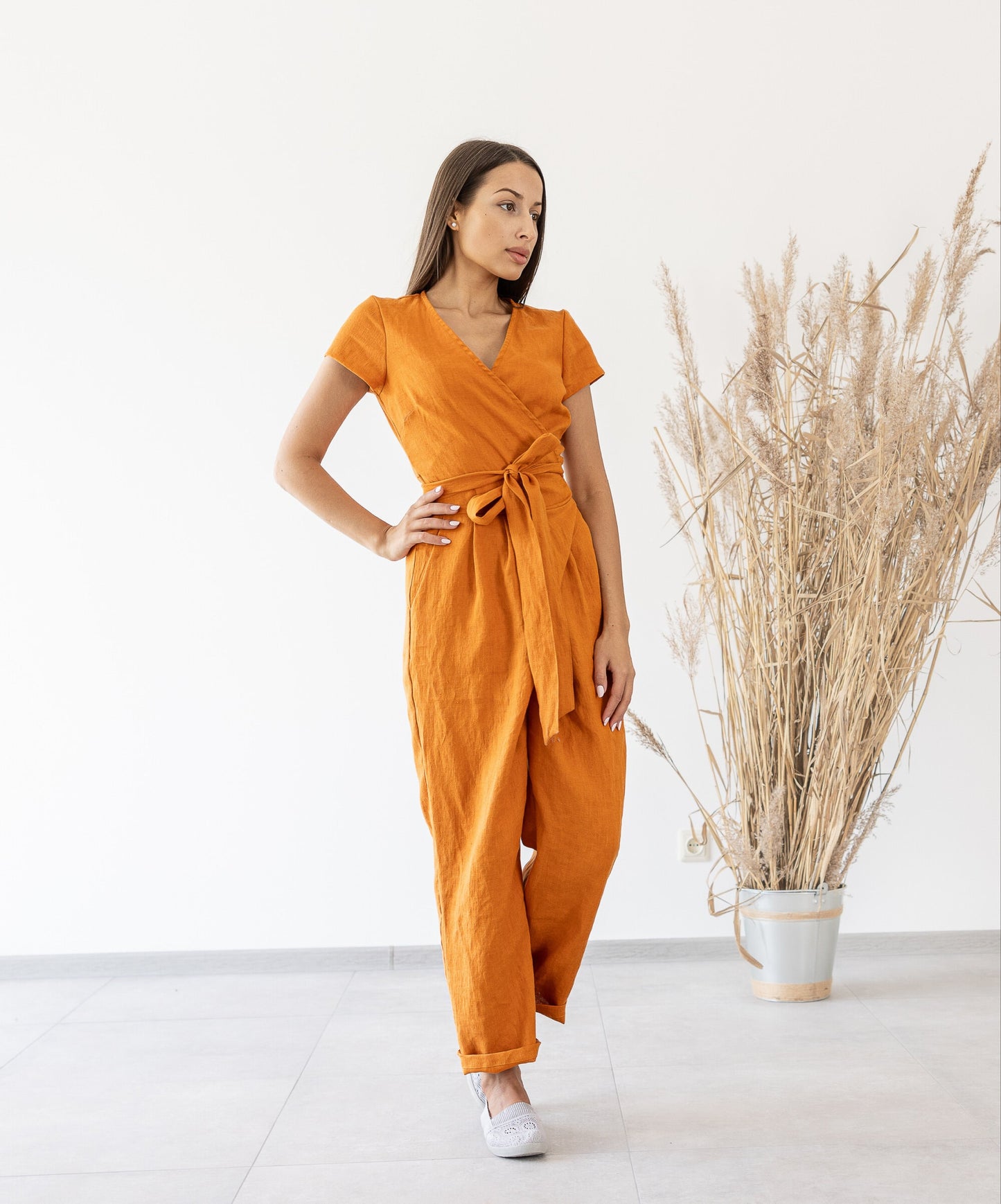 Women's linen jumpsuit orange