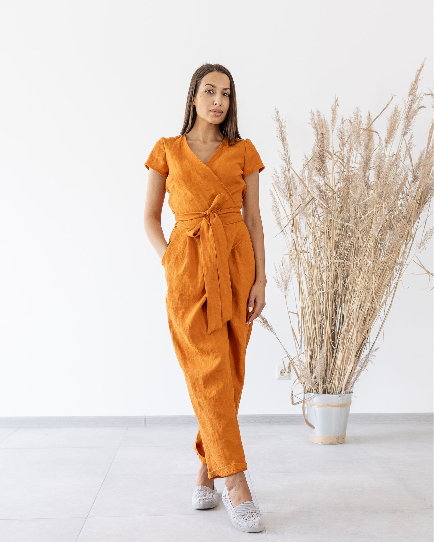 Linen wrap jumpsuit orange