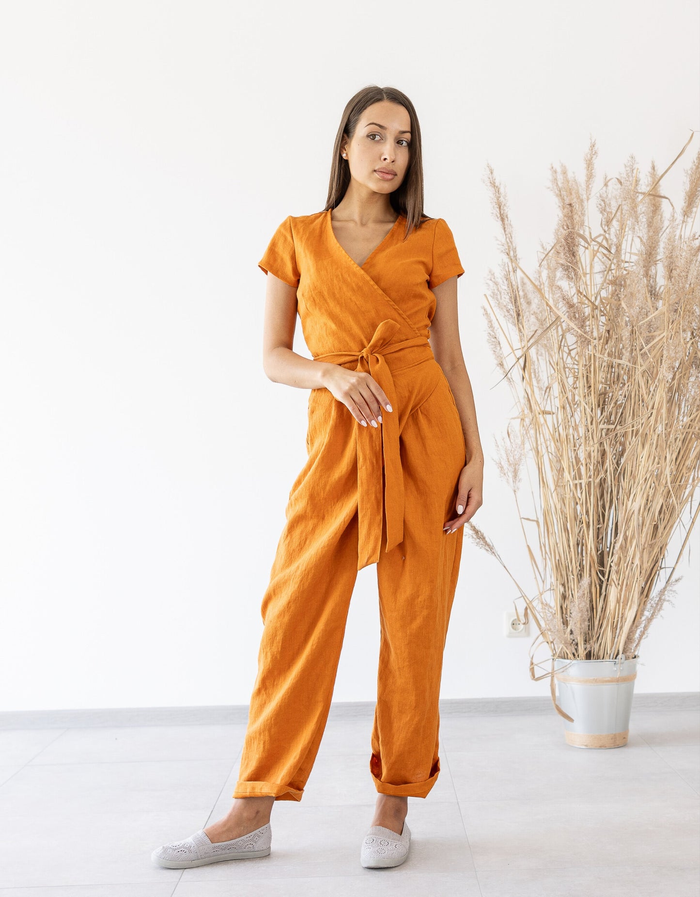 orange linen jumpsuit