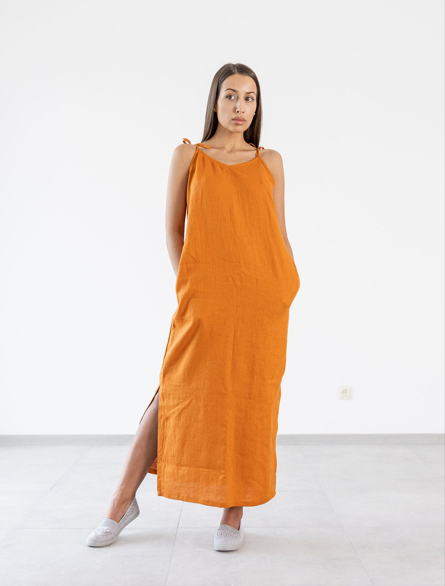 Orange maxi linen dress