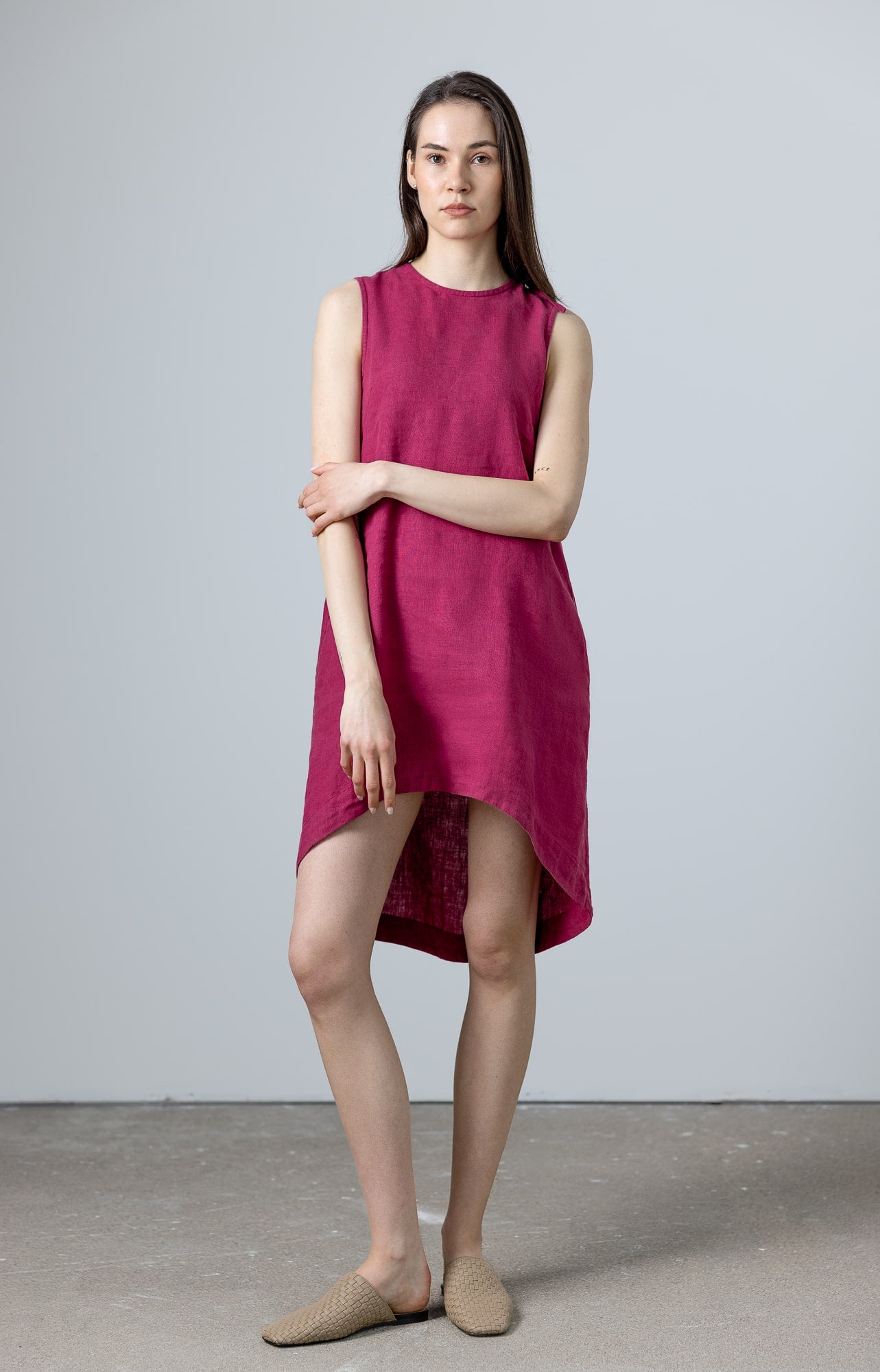 Purple linen shift dress for women minimalist style