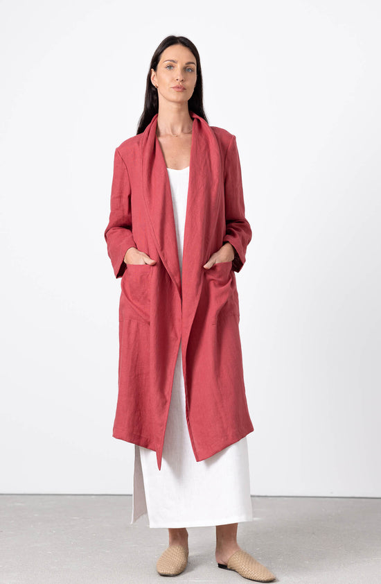 Elegant Red Linen Long Coat Women Emma – Lightweight Linen Jacket