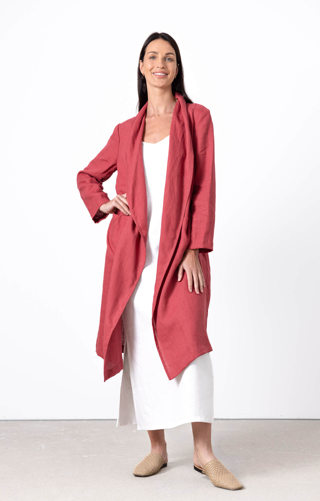 minimalist red linen cardigan long coat women studio look