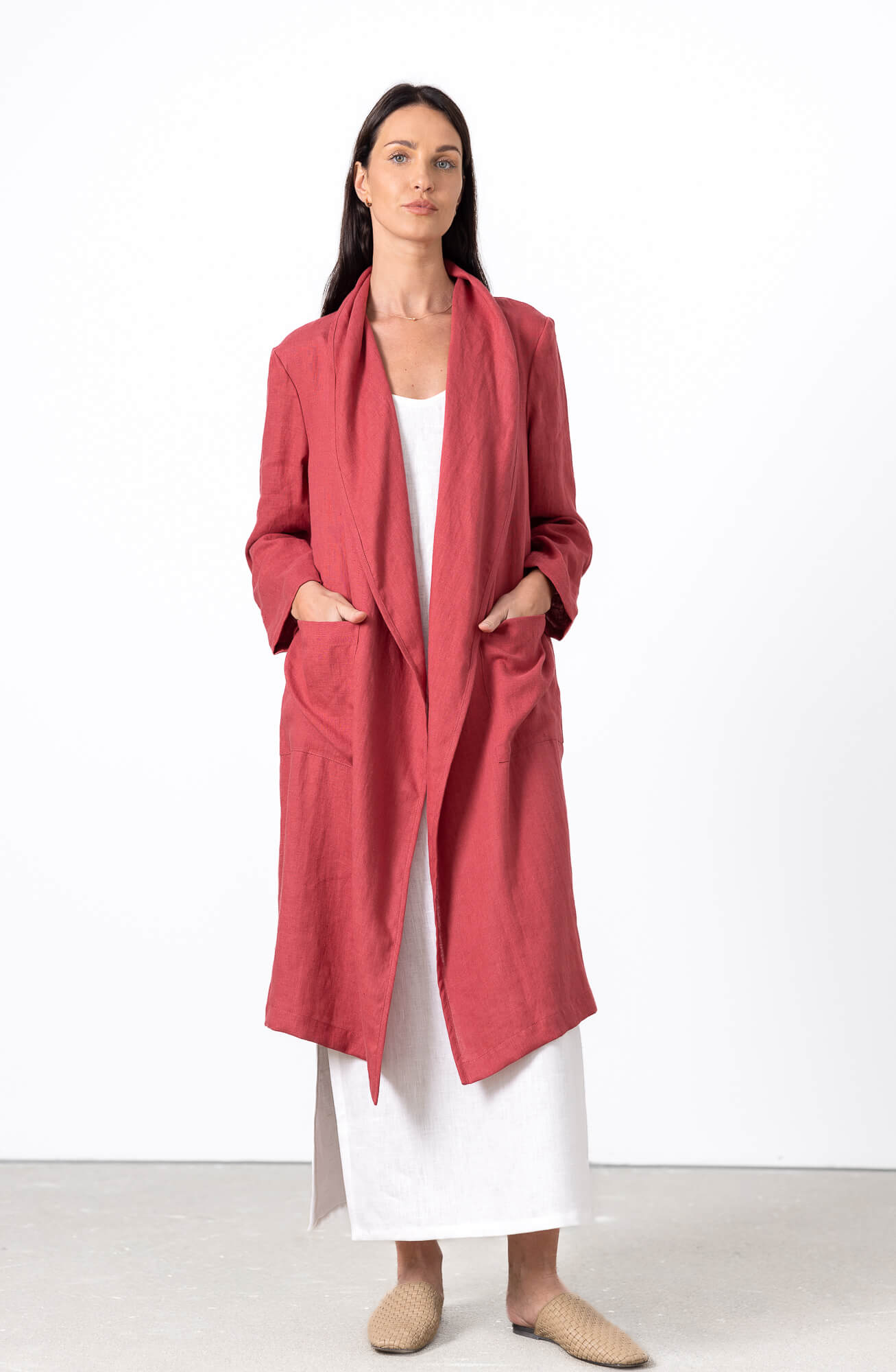 Red linen long cardigan