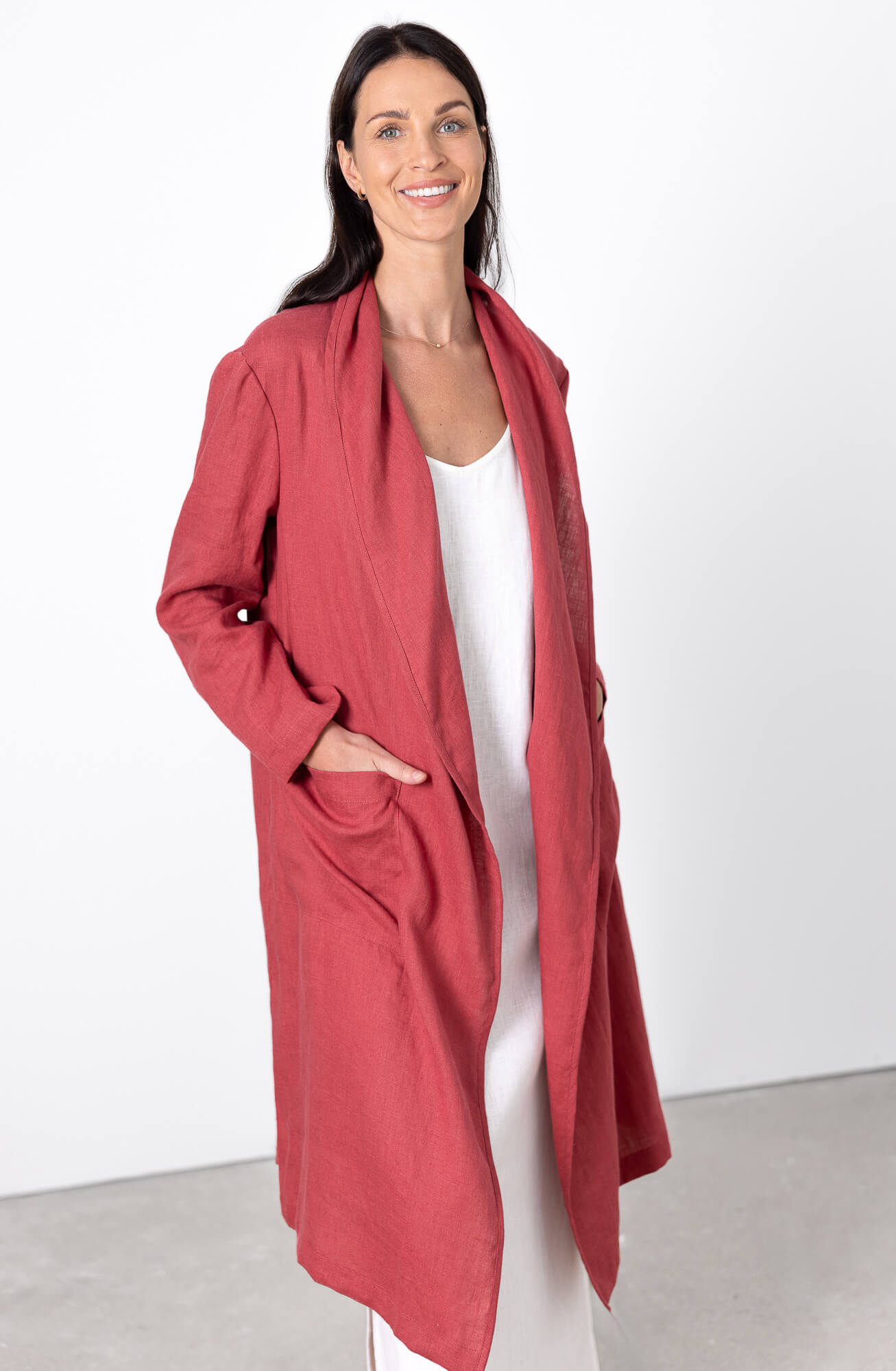 red linen long cardigan coat with pockets women outfit