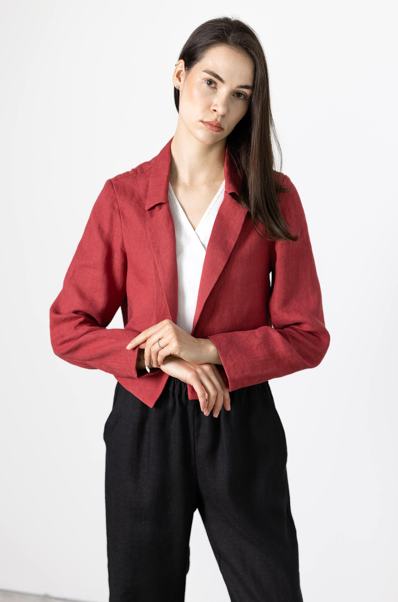 Handmade RED linen blazer short jacket outfit