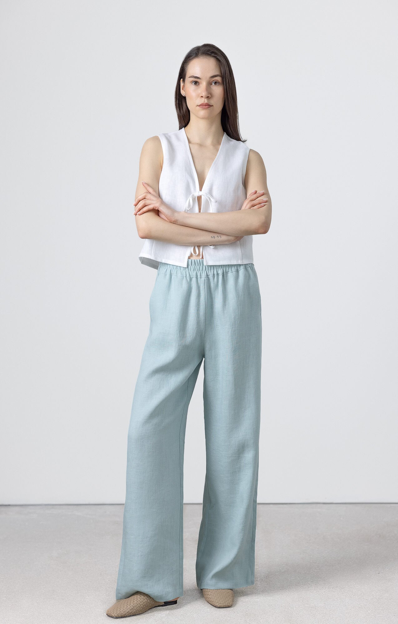 Elastic Waist Linen Trousers with Relaxed Fit