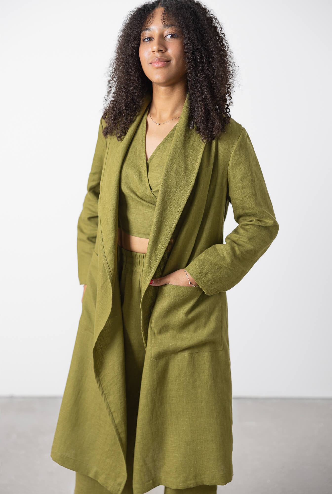 Comfortable women long linen jacket outfit
