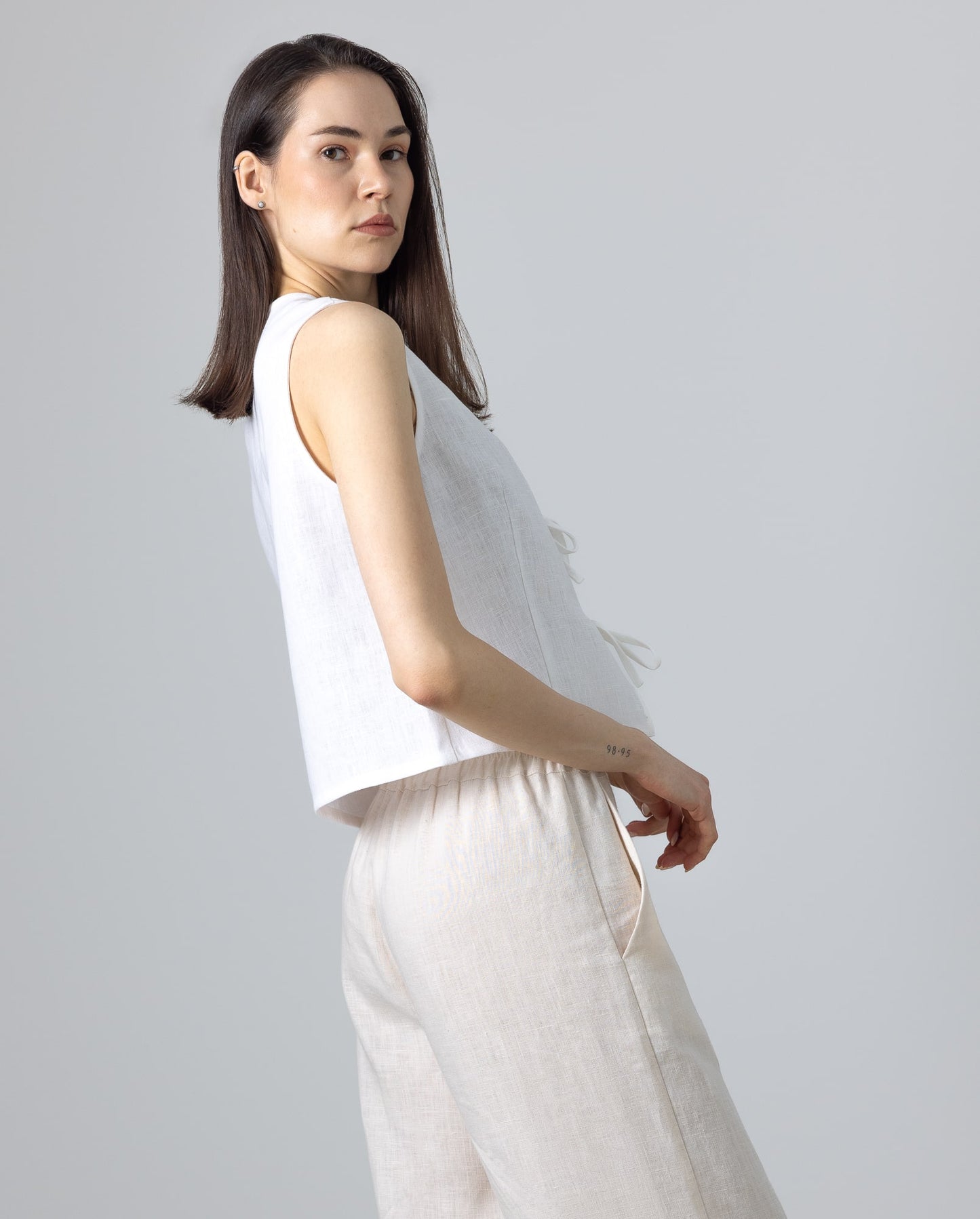 Tie front linen vest white