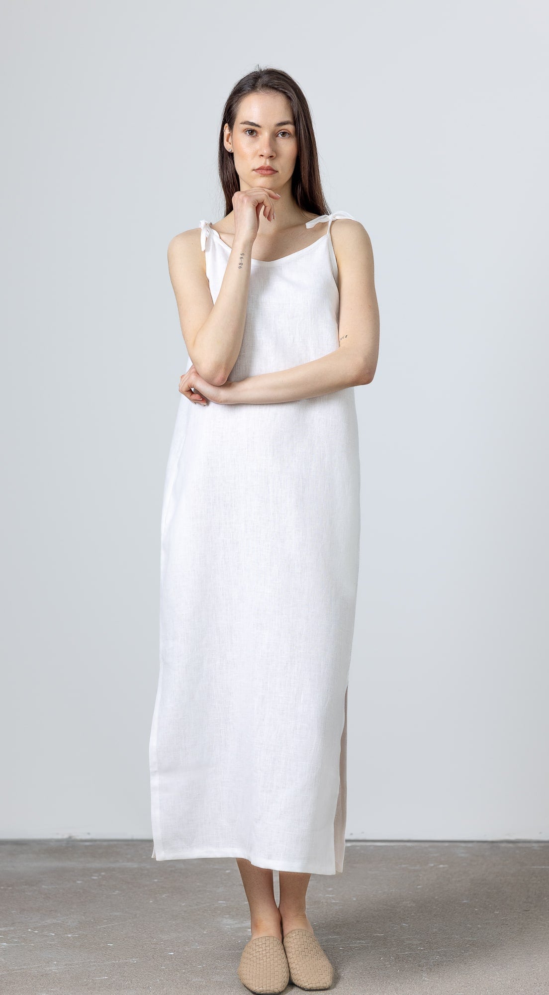 White Linen Slip Dress Monserrat by MINIMALISTICLINEN styled as a white A‑line maxi dress, ideal for modern simplicity