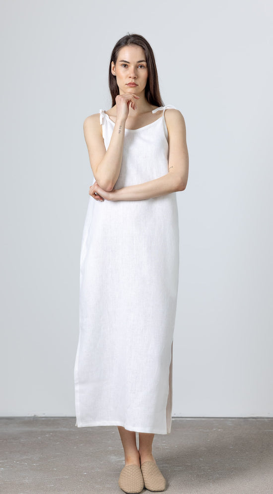 White Linen Slip Dress Monserrat by MINIMALISTICLINEN styled as a white A‑line maxi dress, ideal for modern simplicity