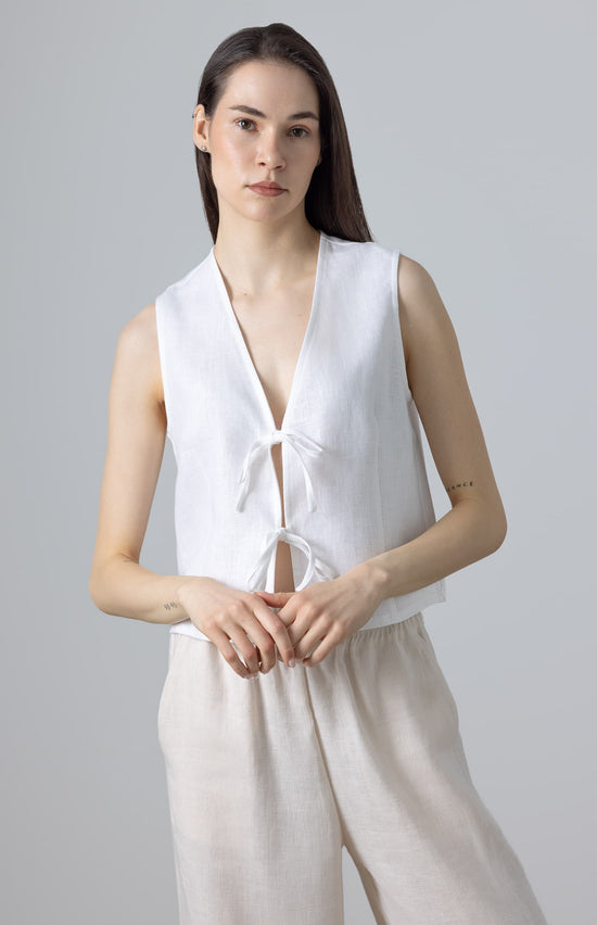 White linen tie front vest