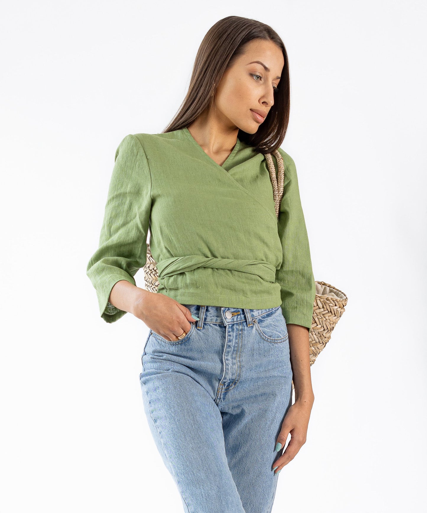 Linen wrap crop top green