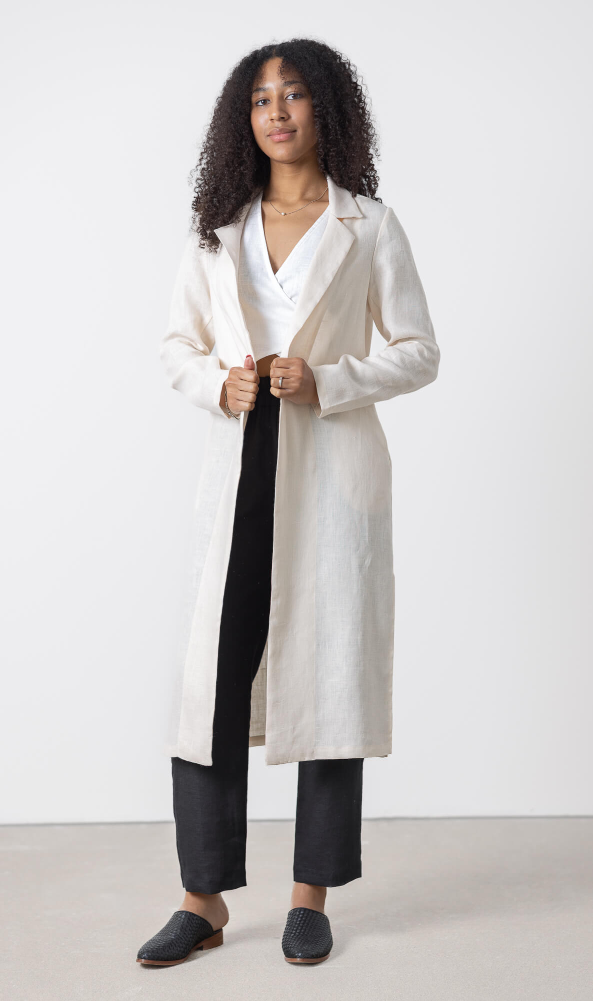 Women’s long linen cardigan Ancona, minimalist linen coat style layering piece