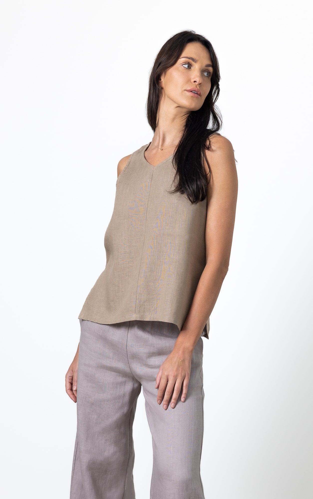 Taupe linen tank top with side slit – minimalist wardrobe essential for warm days