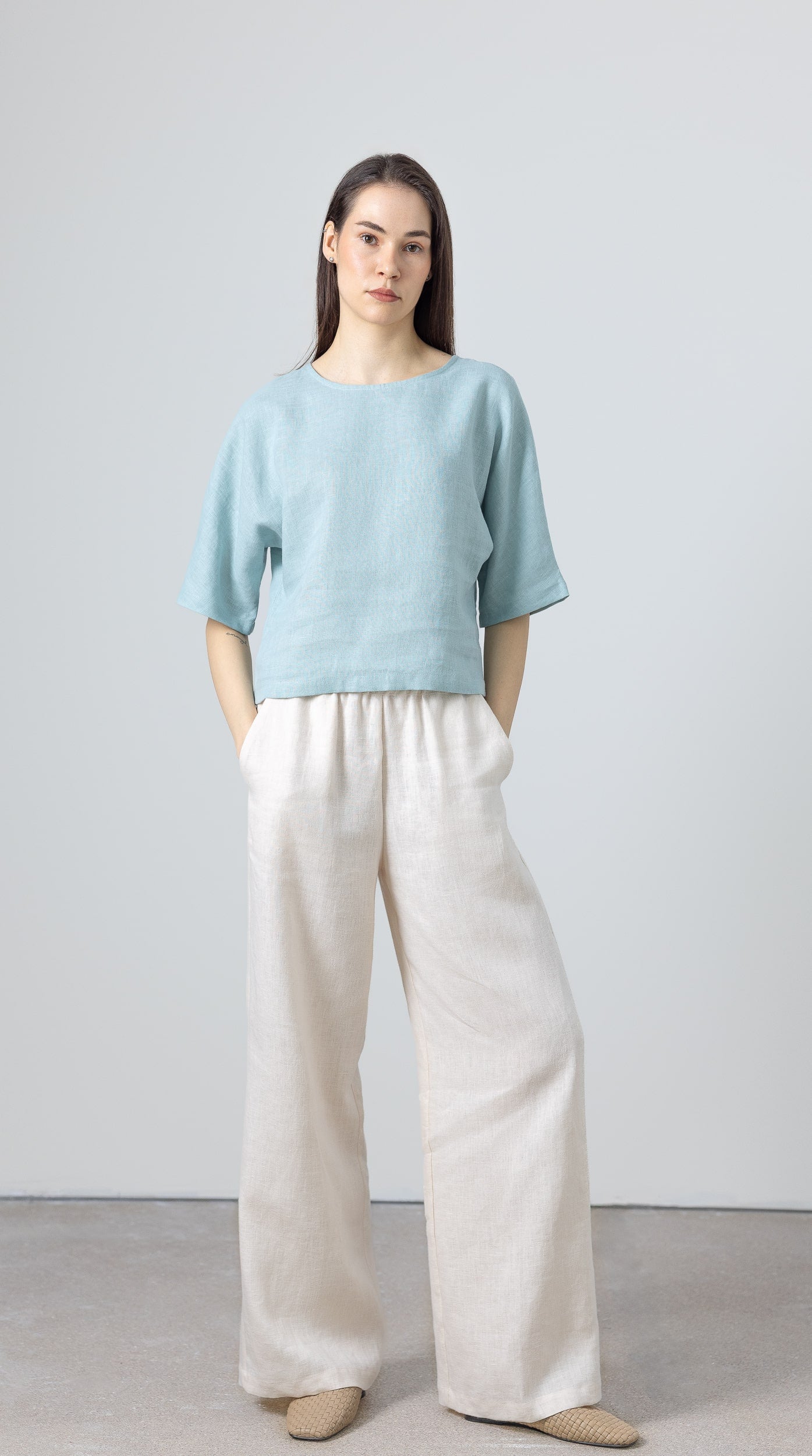 Linen blouse for women in airy light blue – short-sleeve cropped top design