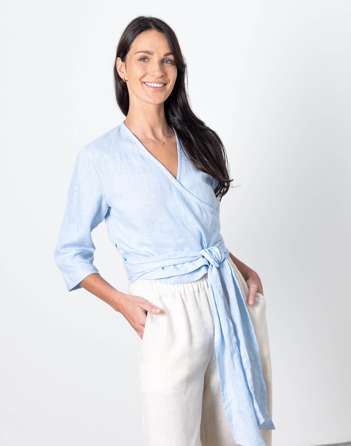 Blue linen tie waist wrap top Esmeralda by Minimalisticlinen, minimalist womens linen wrap blouse
