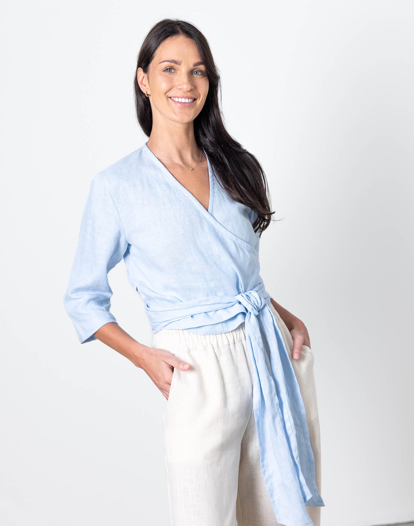 Blue linen tie waist wrap top Esmeralda by Minimalisticlinen, minimalist womens linen wrap blouse
