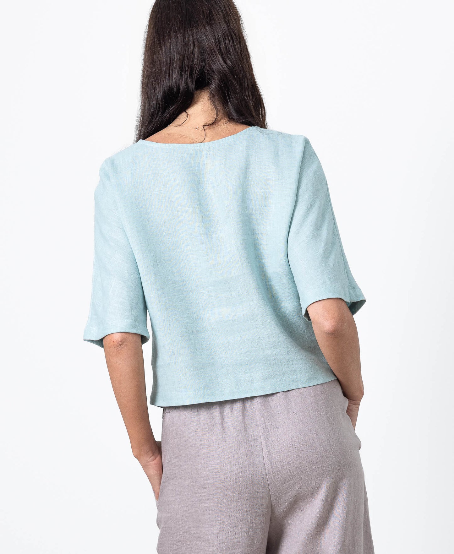 Back view of Cropped Linen Blouse Molly by Minimalisticlinen, minimalist short sleeve linen blouse for women