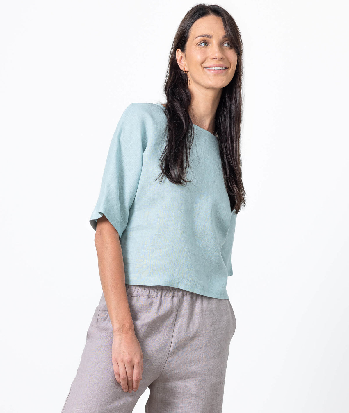 Cropped Linen Blouse Molly by Minimalisticlinen, minimalist womens linen blouse with short sleeves in soft blue linen
