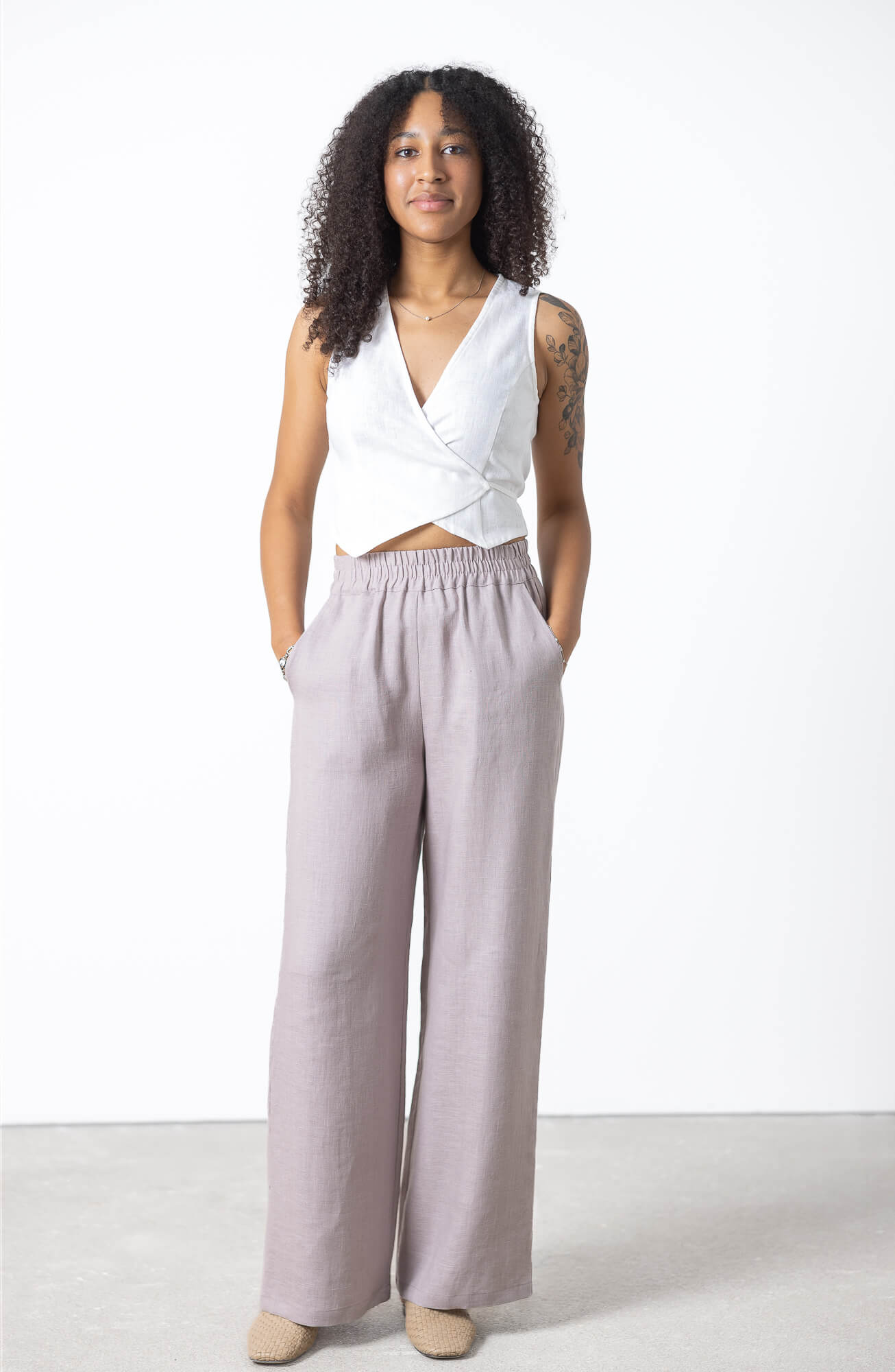 Elegant wide leg linen bottoms with a flowing minimalist silhouette