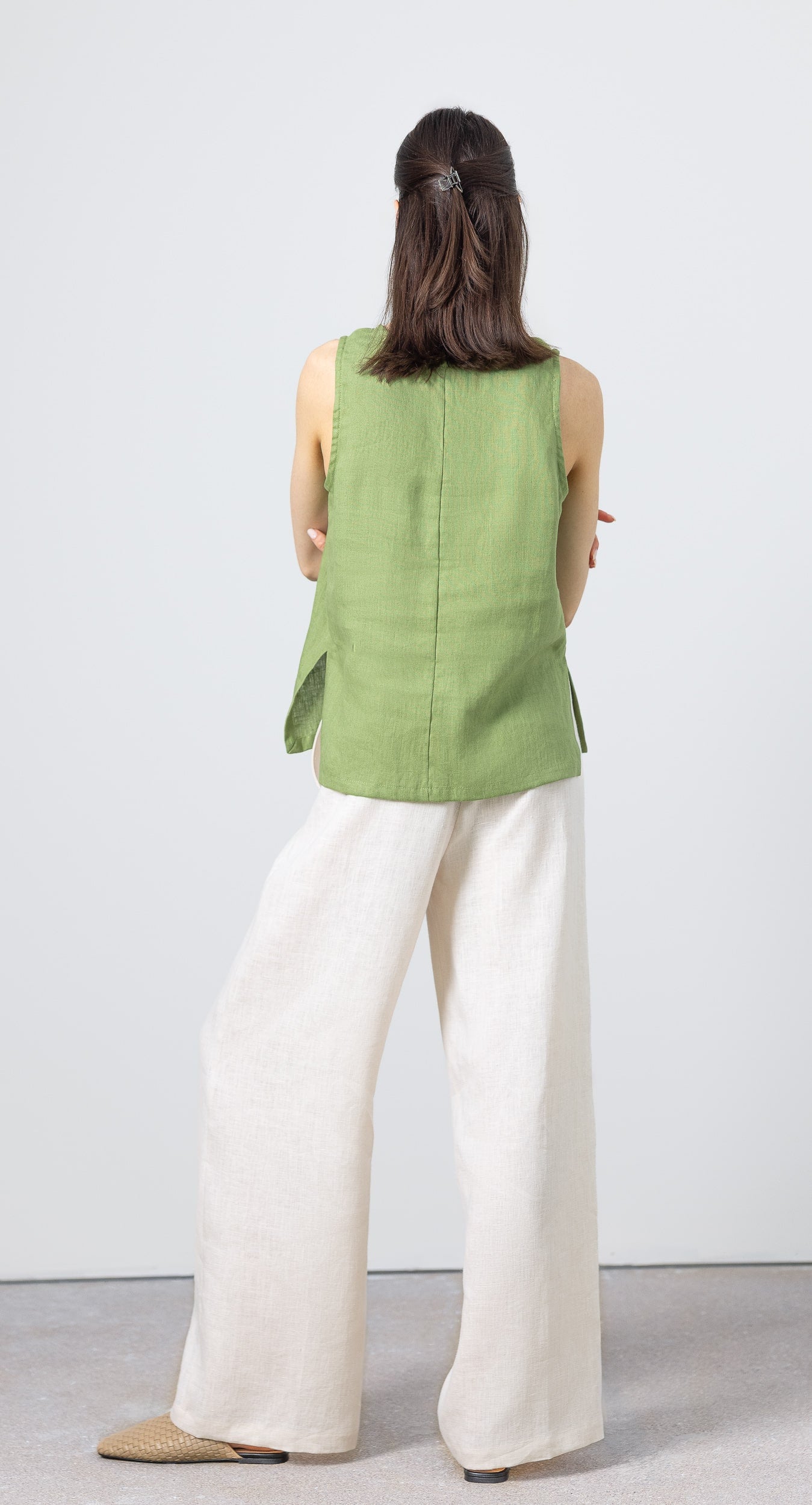 Green linen top back view – sleeveless summer blouse for women