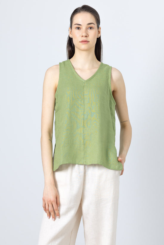 Green linen V-neck top for women – sleeveless minimalist summer blouse