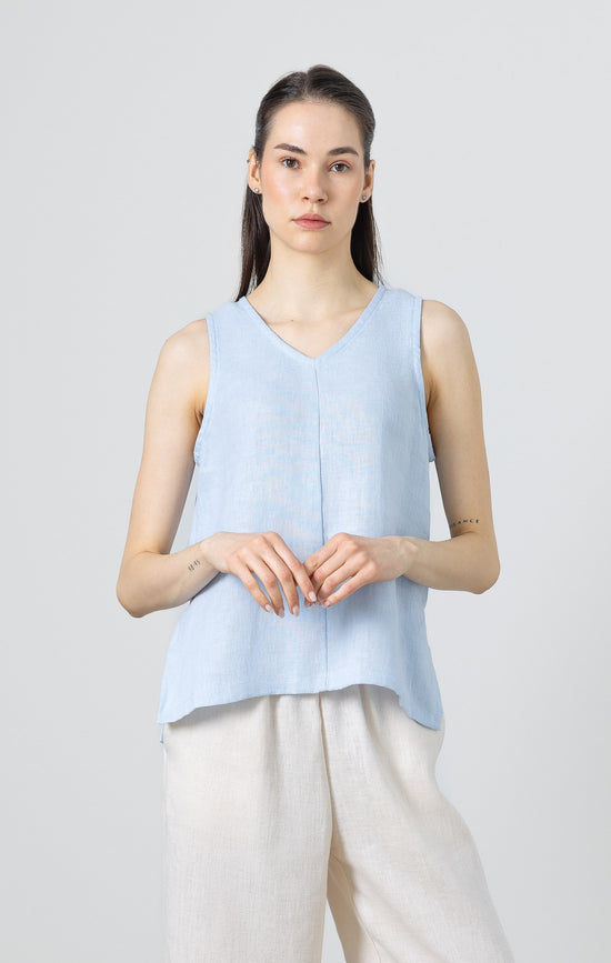 Light blue linen V-neck top for women – sleeveless minimalist summer blouse