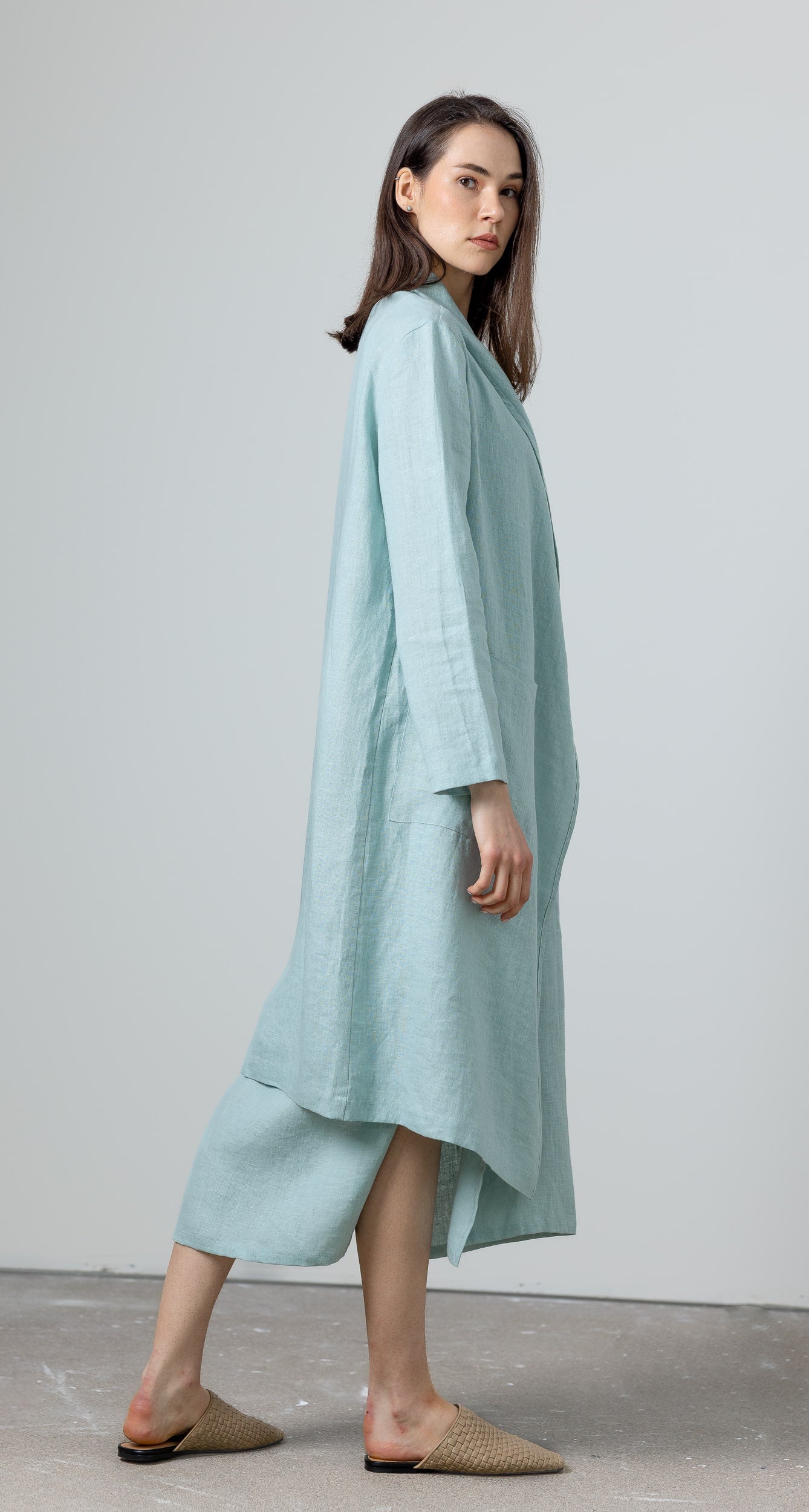 Linen cardigan for women – long minimalist duster jacket in blue

