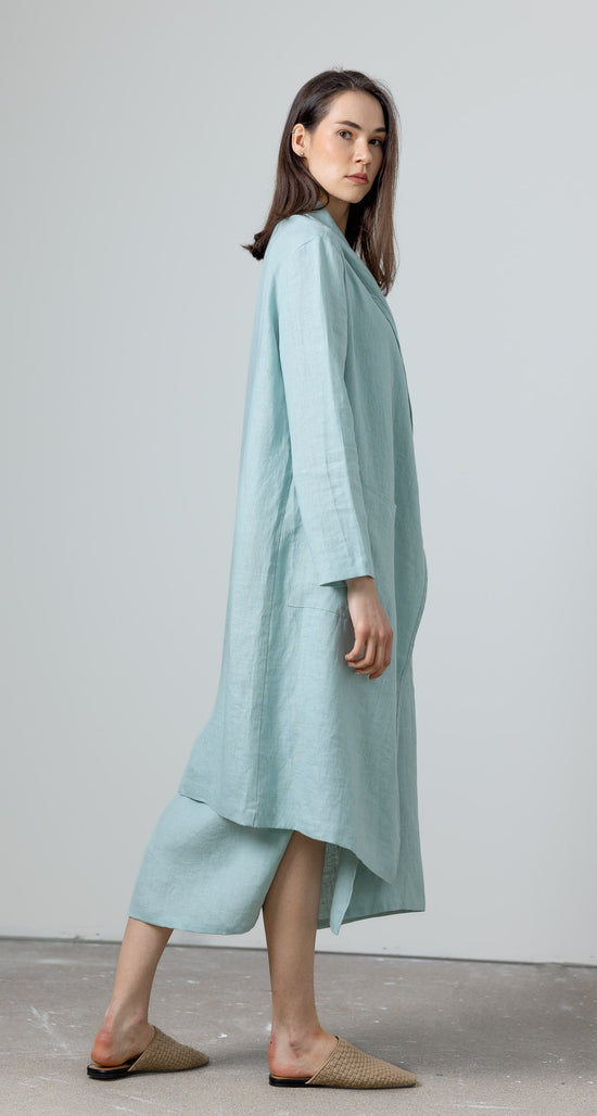 Linen cardigan for women – long minimalist duster jacket in blue

