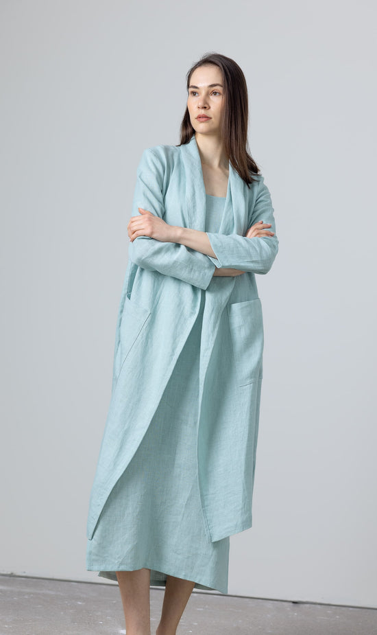 Linen kimono style cardigan – long lightweight women’s jacket in blue