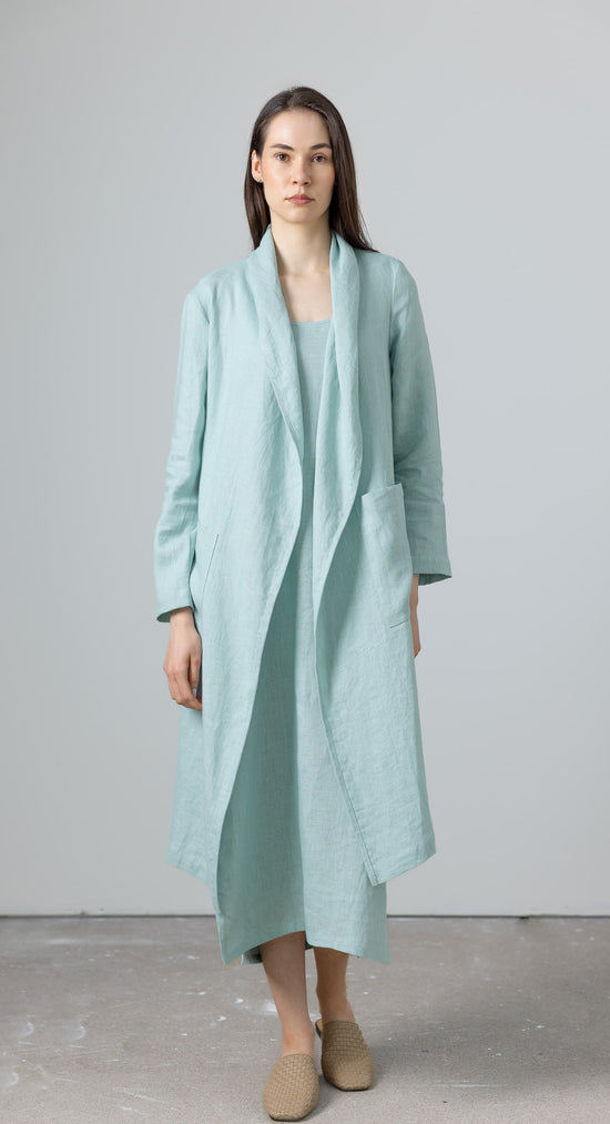 Linen long cardigan for women – Emma minimalist duster jacket in light blue