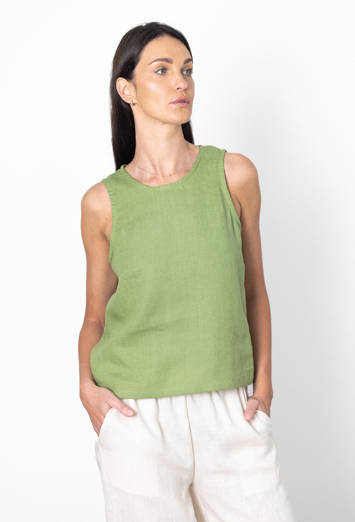 Linen green top for women, sleeveless green linen shirt, lightweight minimalist linen summer top