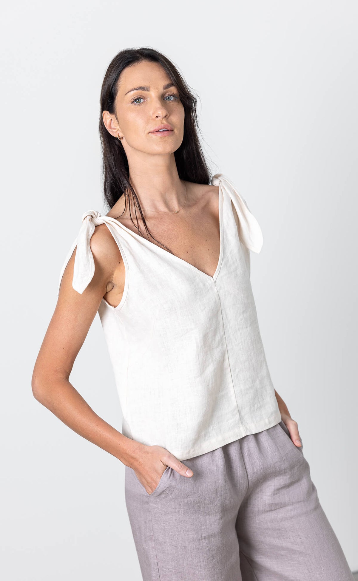 Linen sleeveless bow shoulder blouse Nica by Minimalisticlinen, relaxed fit womens linen top in natural linen fabric