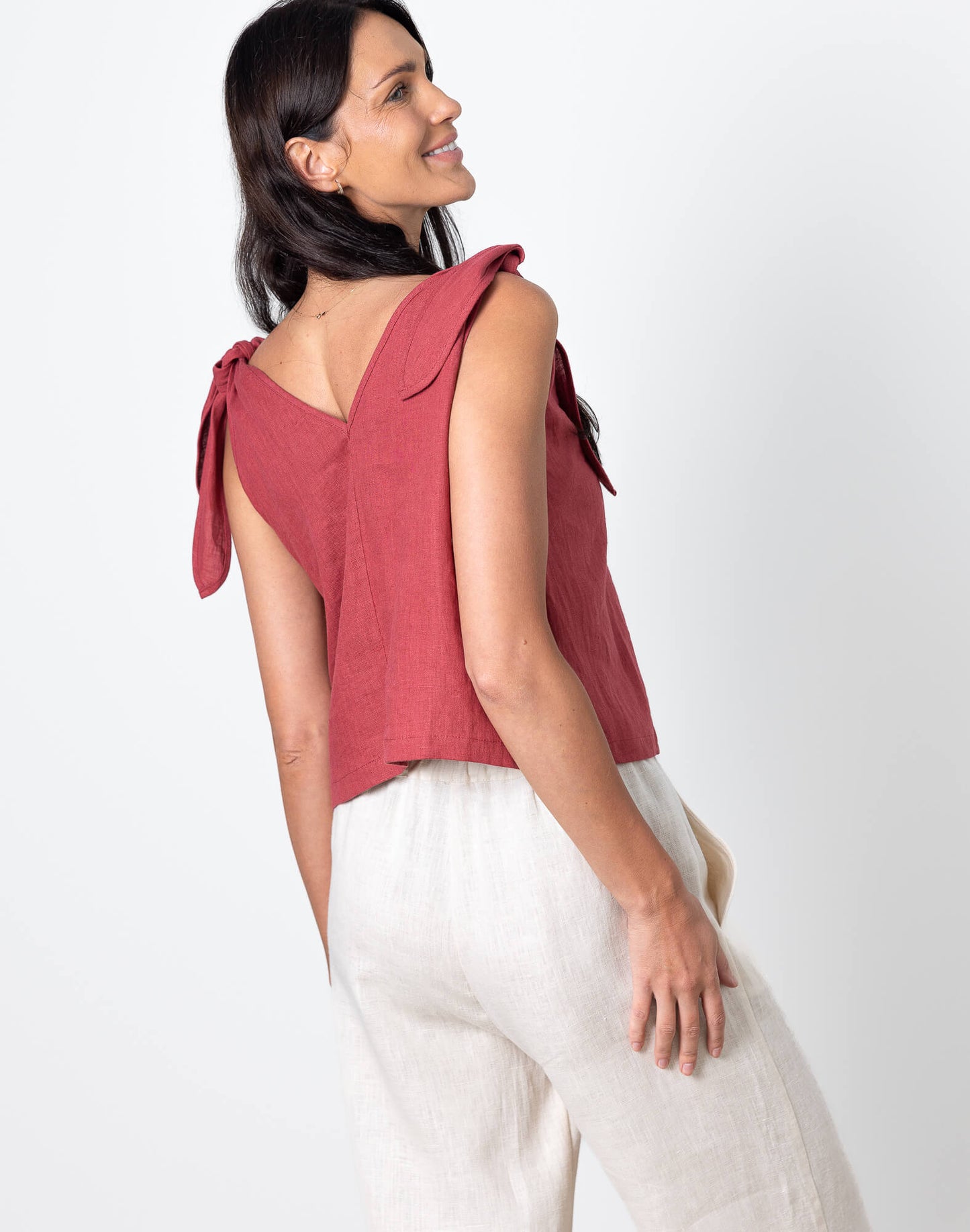 Minimalist linen bow strap top Nica by Minimalisticlinen, sleeveless womens linen blouse with shoulder ties