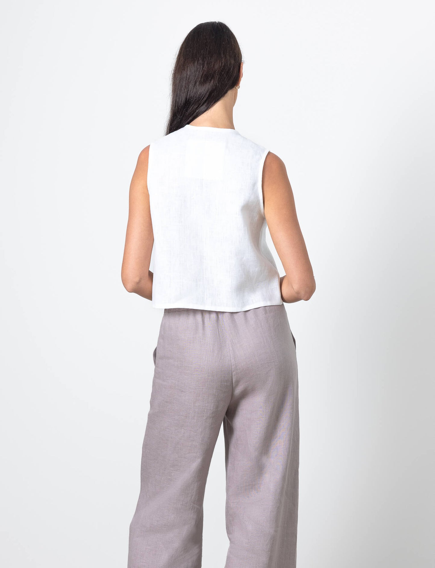 Back view of Linen Tie Front Top Colette by Minimalisticlinen, minimalist sleeveless linen summer top