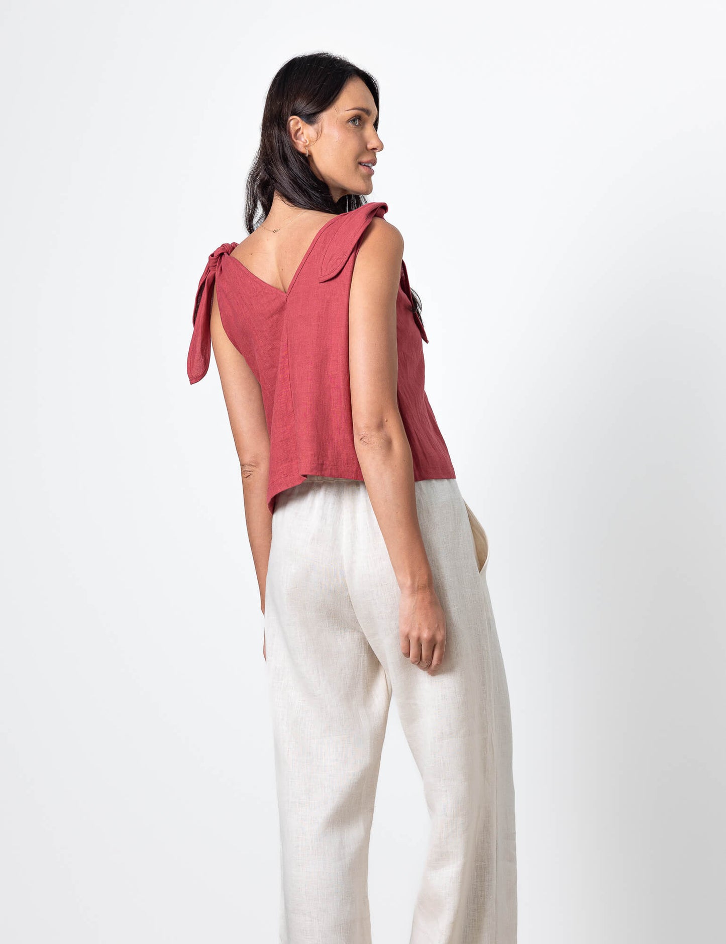 Natural linen tie shoulder blouse Nica by Minimalisticlinen, breathable womens linen top with shoulder bows