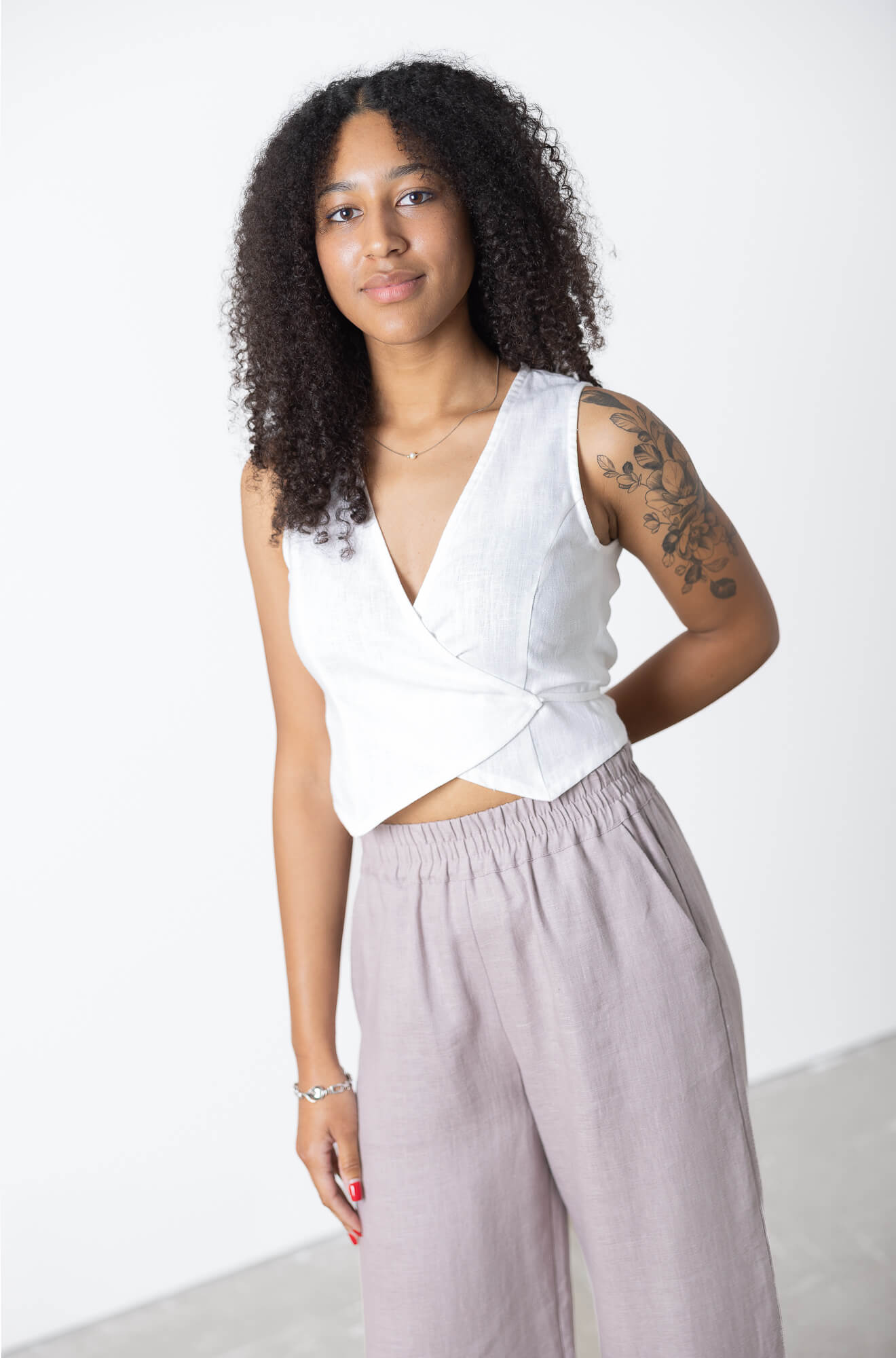 Linen wrap vest style crop top with modern minimalist appeal