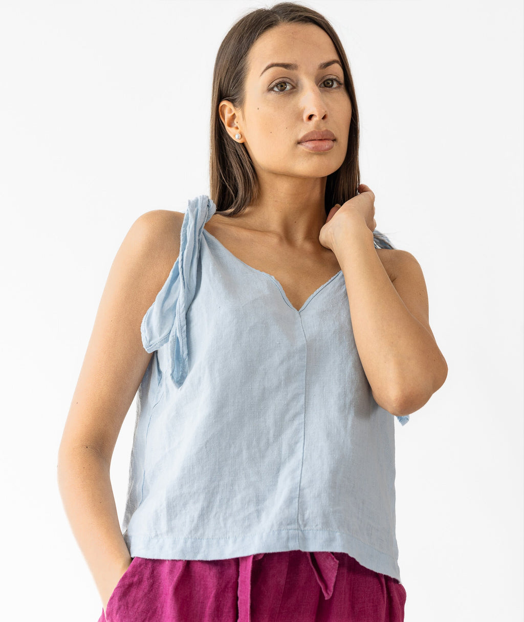 Nica - Linen Bow Shoulder Tank Top, High Quality Linen