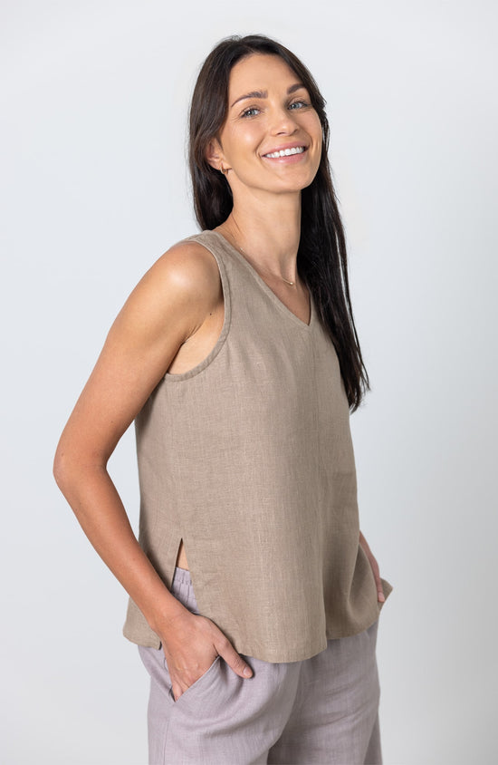 Minimalist brown linen tank top for women – sleeveless summer blouse in natural fabric

