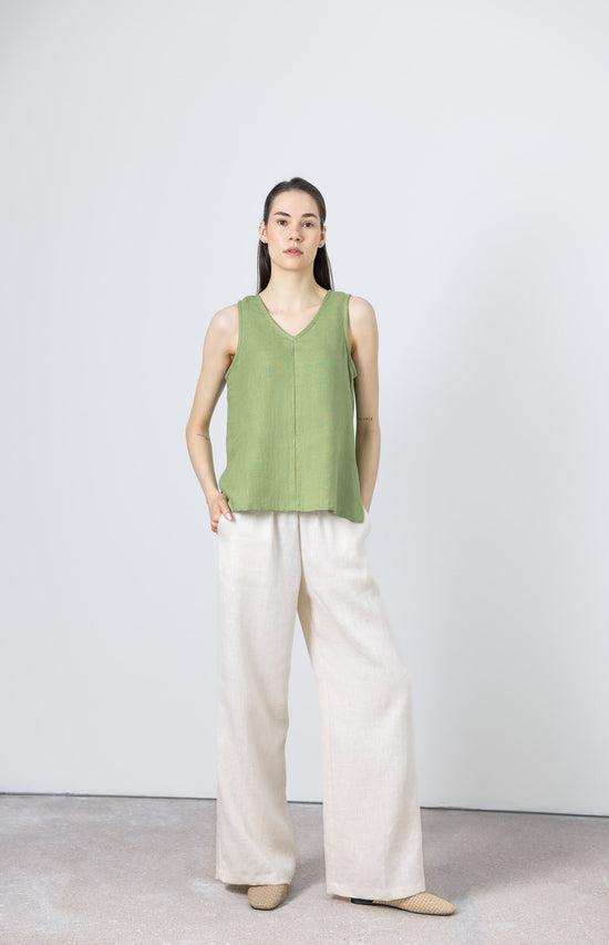 Minimalist green linen tank top – women’s casual summer blouse