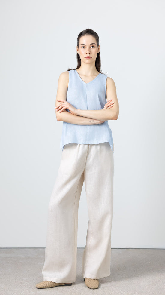 Minimalist light blue linen tank top – women’s casual summer blouse