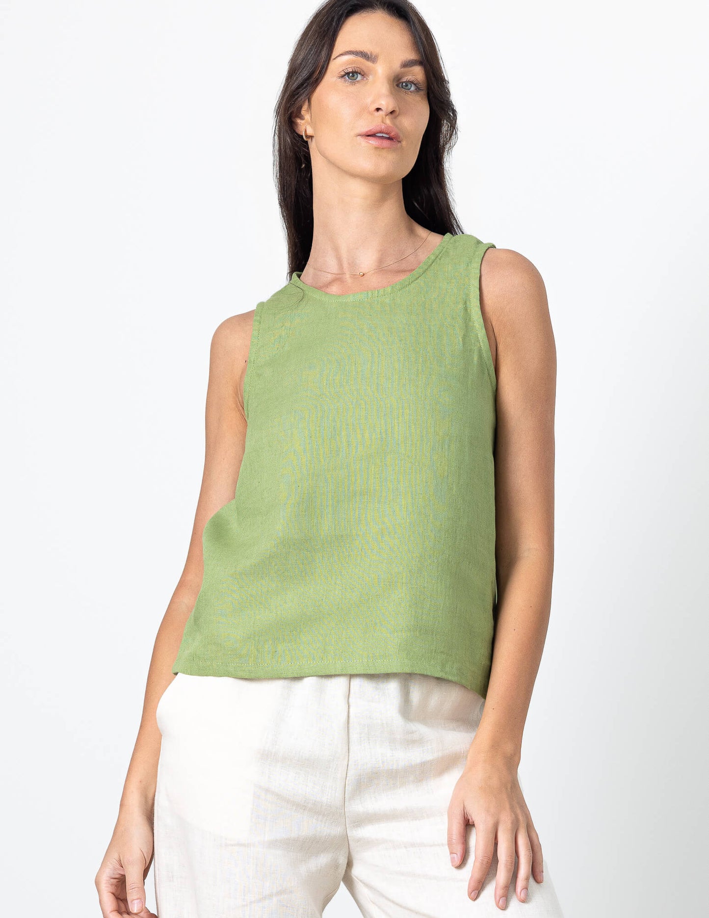 Minimalist green linen top for women, breathable sleeveless linen blouse, natural linen fabric